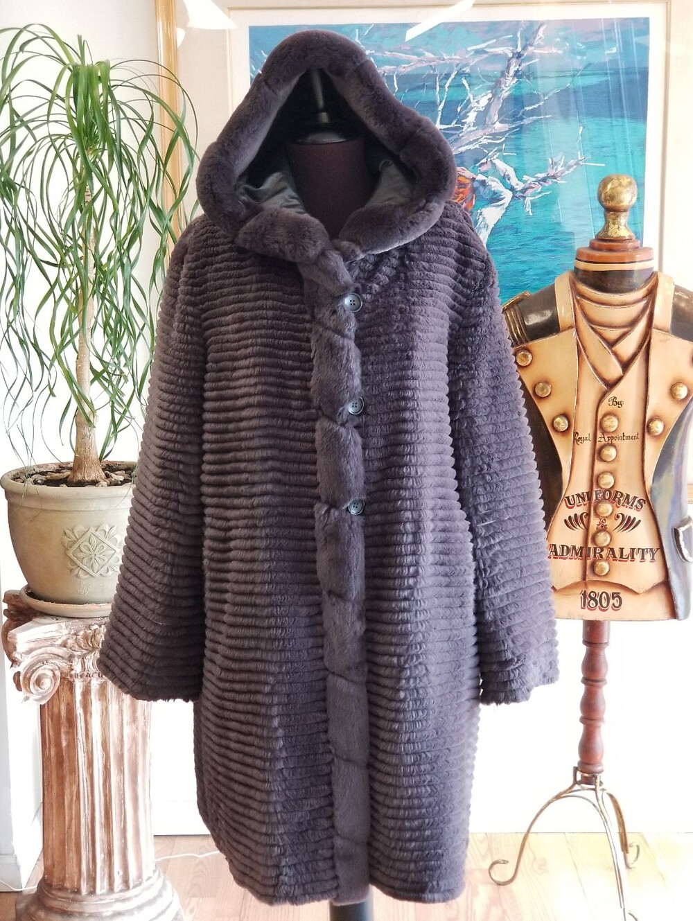 Reversible Rabbit Fur Coat With Hood in Gray